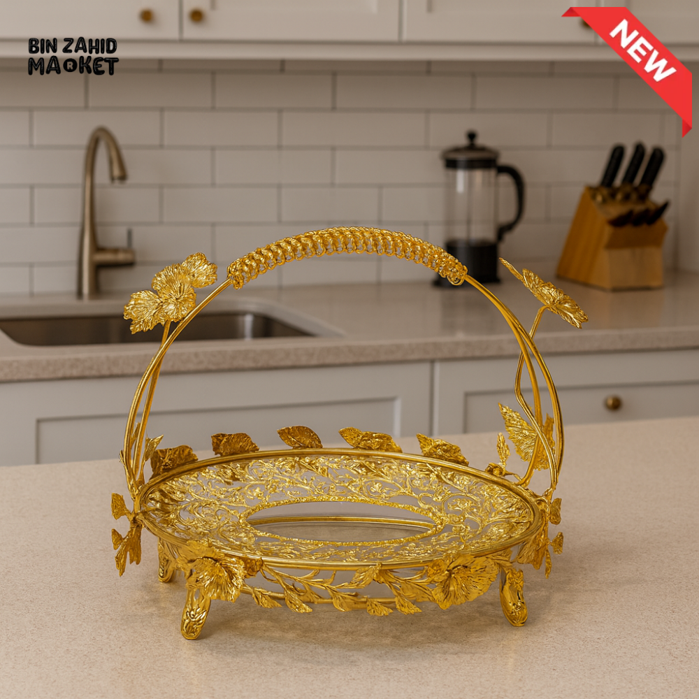 LUXURY GOLDEN FRUIT BASKET – DECORATIVE SERVING TRAY WITH HANDLE FOR KITCHEN & DINING COUNTER