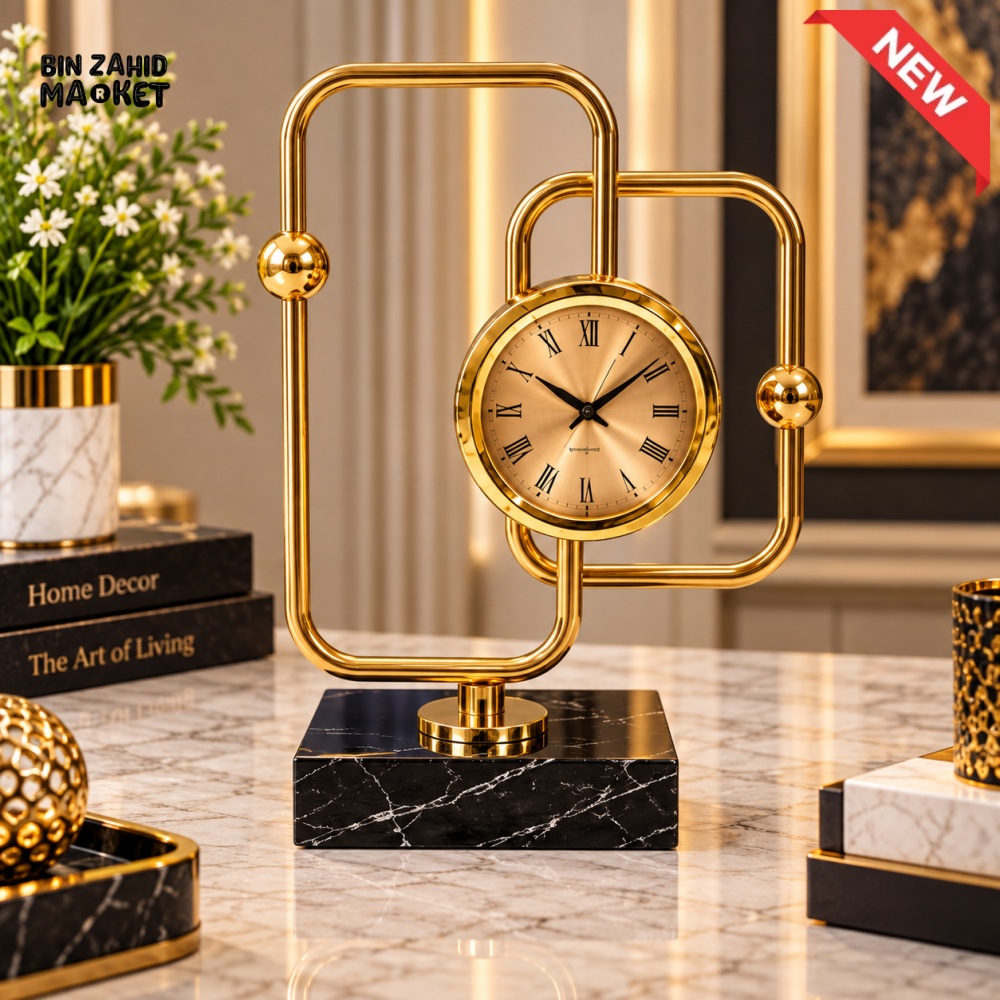 LUXURY GOLDEN GEOMETRIC TABLE CLOCK WITH BLACK MARBLE BASE