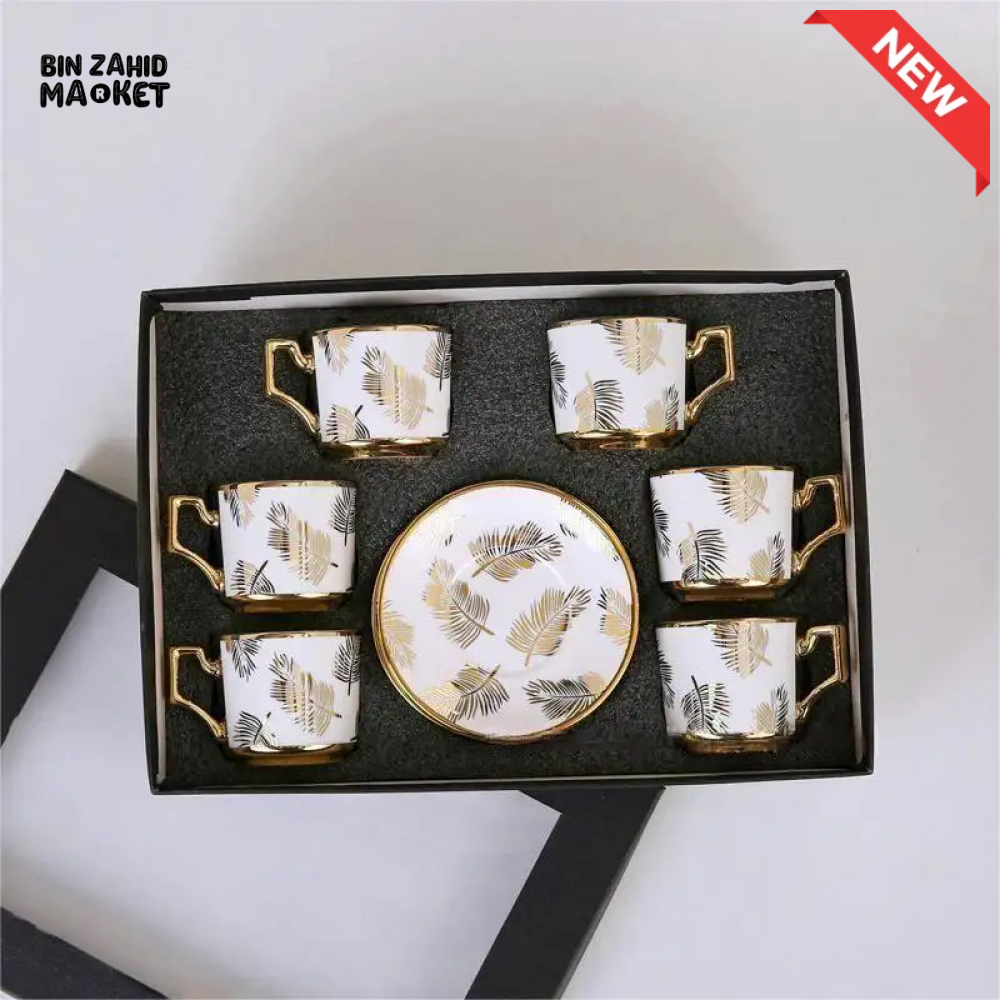 LUXURY GOLDEN LEAF DESIGN TEA CUP & SAUCER SET – 12 PIECES PREMIUM PORCELAIN COFFEE MUG SET WITH GOLD HANDLES & SAUCERS