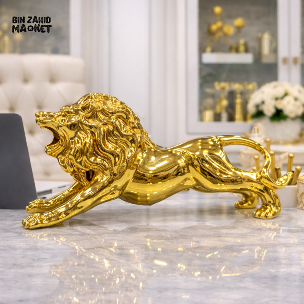 LUXURY GOLDEN LEAPING LION SCULPTURE – ROYAL STATEMENT HOME & OFFICE DECOR - 7CM X 18CM