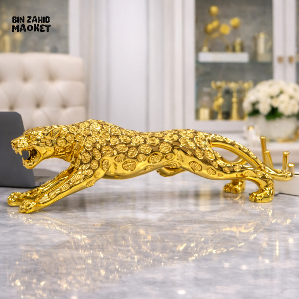 LUXURY GOLDEN RUNNING PANTHER SCULPTURE – PREMIUM POWER STATEMENT HOME & OFFICE DECOR - 8CM X 32CM