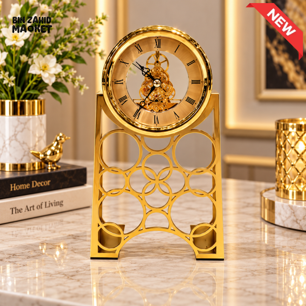 LUXURY GOLDEN SKELETON TABLE CLOCK WITH DECORATIVE FRAME