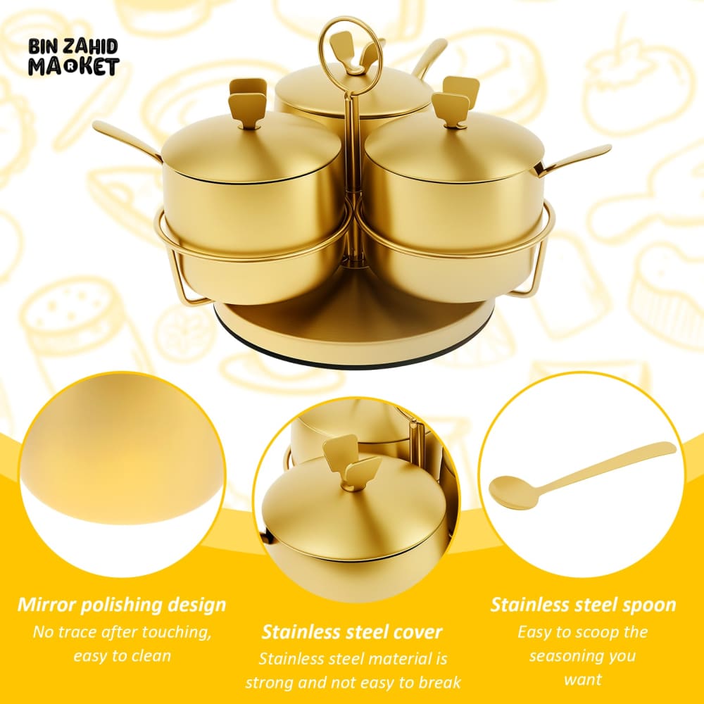 LUXURY GOLDEN STAINLESS STEEL SPICE & SUGAR CONTAINER WITH LID & SPOON – ROTATING SALT CELLAR & SEASONING JAR