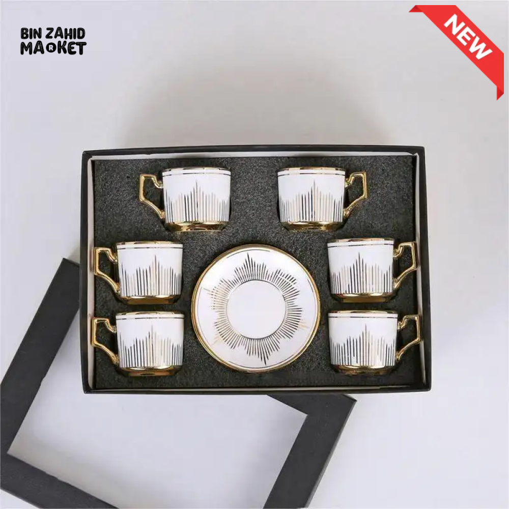 LUXURY GOLDEN STRIPE DESIGN TEA CUP & SAUCER SET – 12 PIECES ELEGANT PORCELAIN COFFEE MUG SET WITH GOLD HANDLES &