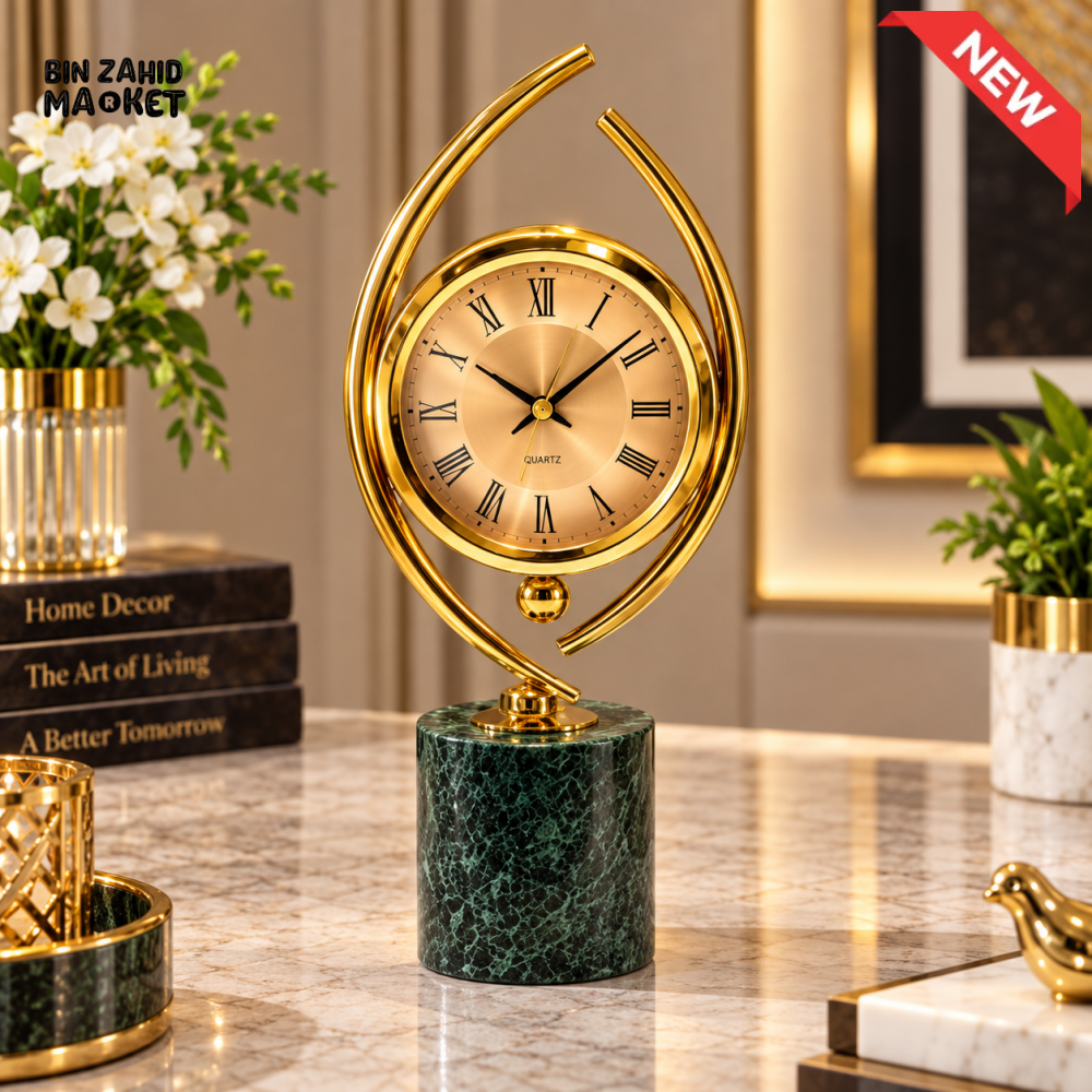 LUXURY GOLDEN TABLE CLOCK WITH GREEN MARBLE BASE
