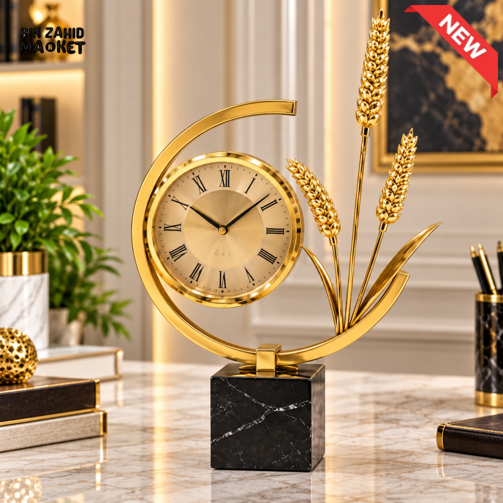 LUXURY GOLDEN WHEAT DESIGN TABLE CLOCK WITH MARBLE BASE