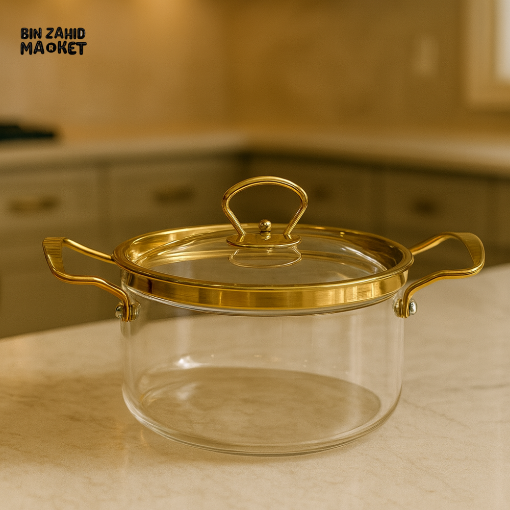 LUXURY HEAT-RESISTANT GLASS CASSEROLE 2.5L – GOLD-TONE RIM LID INCLUDED