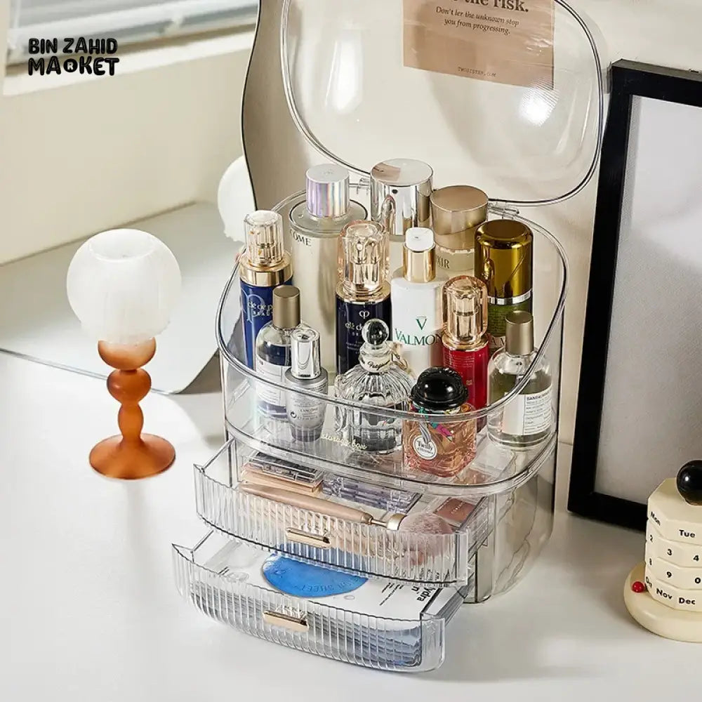 LUXURY HOUSEHOLD COSMETIC STORAGE BOX – DUSTPROOF LIPSTICK ORGANIZER SKINCARE PRODUCT RACK WITH LID MAKEUP & PERFUME STORAGE BOX