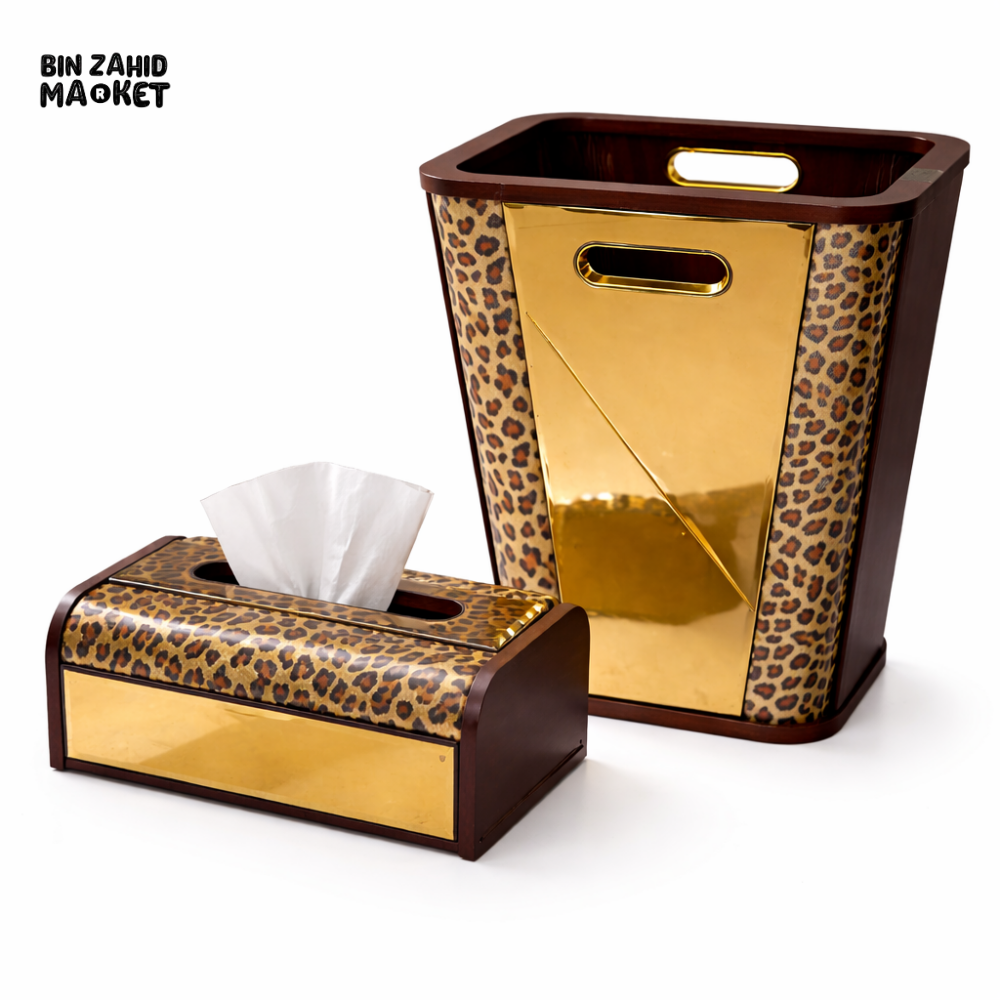 LUXURY LEOPARD PRINT WOODEN TISSUE BOX & DUSTBIN