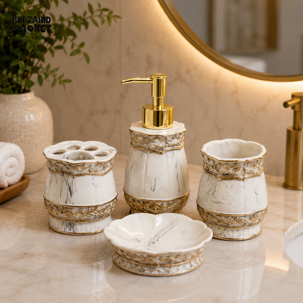LUXURY MARBLE CERAMIC BATHROOM ACCESSORIES SET – 4 PIECES