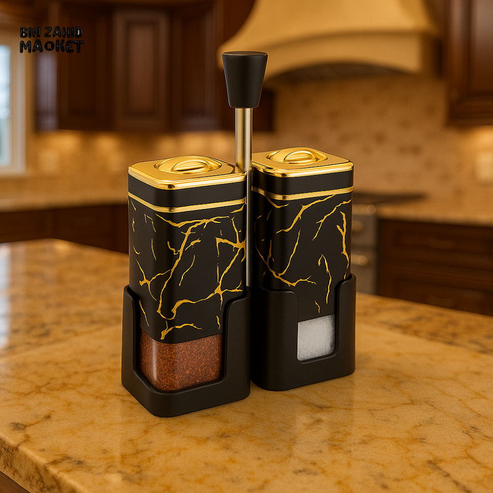 LUXURY MARBLE SALT & PEPPER DISPENSER SET – ELEGANT GOLD ACCENTED KITCHEN ACCESSORY - BLACK