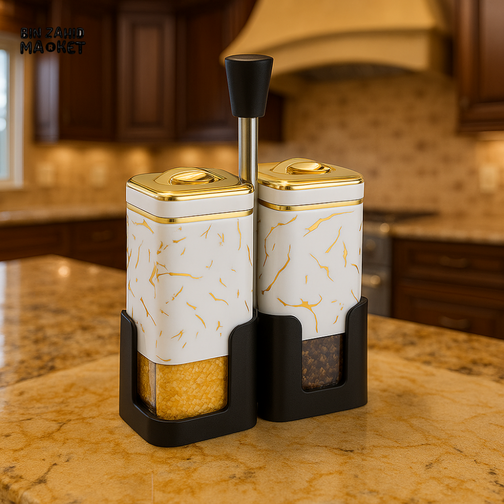 LUXURY MARBLE SALT & PEPPER DISPENSER SET – ELEGANT GOLD ACCENTED KITCHEN ACCESSORY - WHITE