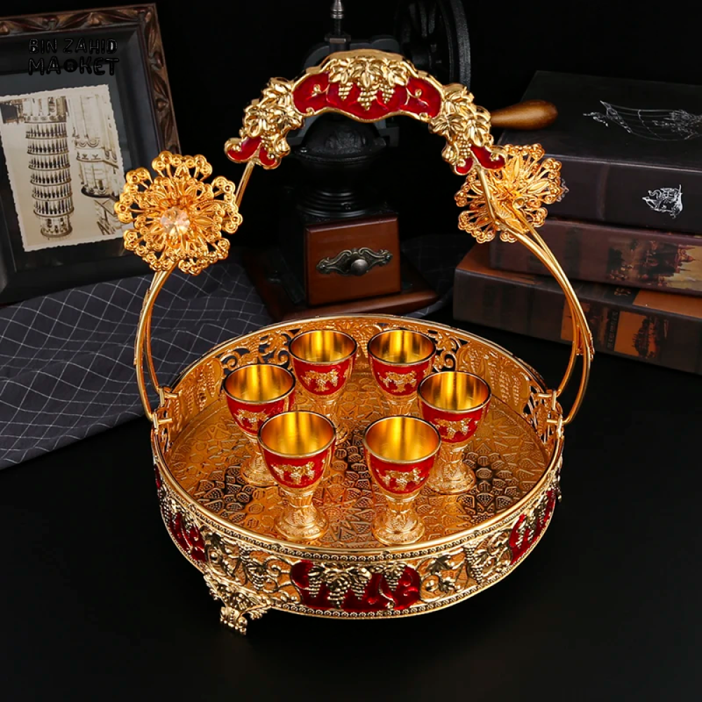 LUXURY METAL ROSE EMBOSSED DRINK SET 1 SERVING POT 6 GLASSES & DECORATIVE BASKET IDEAL FOR FESTIVALS PARTIES & BANQUET DISPLAY