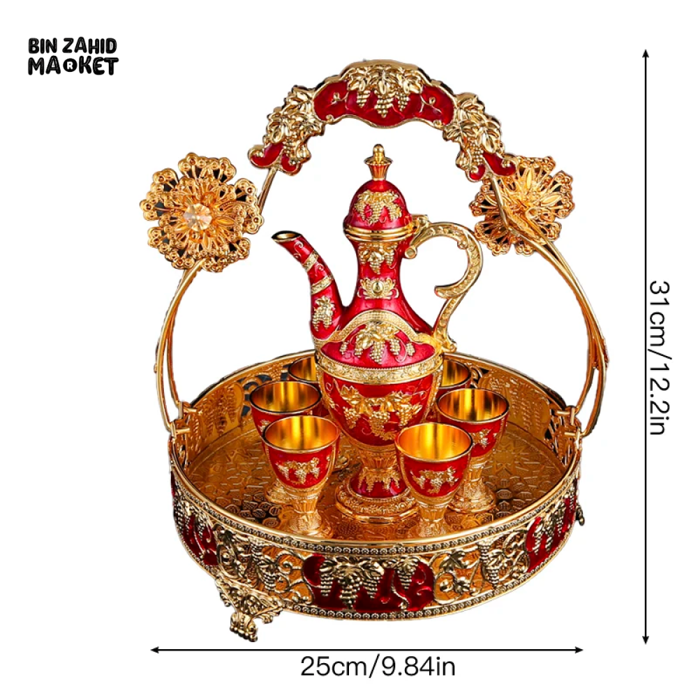 LUXURY METAL ROSE EMBOSSED DRINK SET 1 SERVING POT 6 GLASSES & DECORATIVE BASKET IDEAL FOR FESTIVALS PARTIES & BANQUET DISPLAY