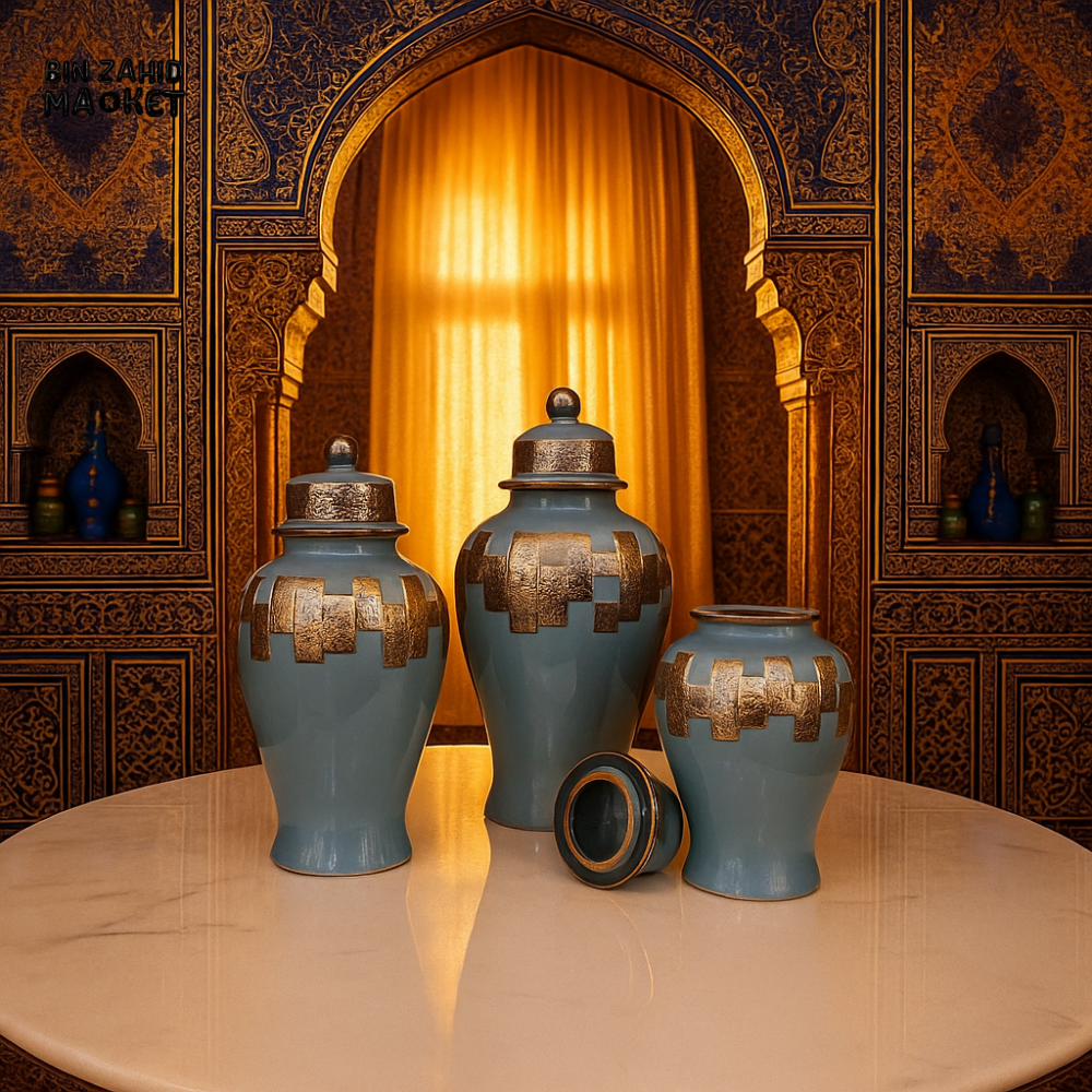 LUXURY MOROCCAN CERAMIC JAR SET – HANDCRAFTED VASES WITH GOLD MOSAIC