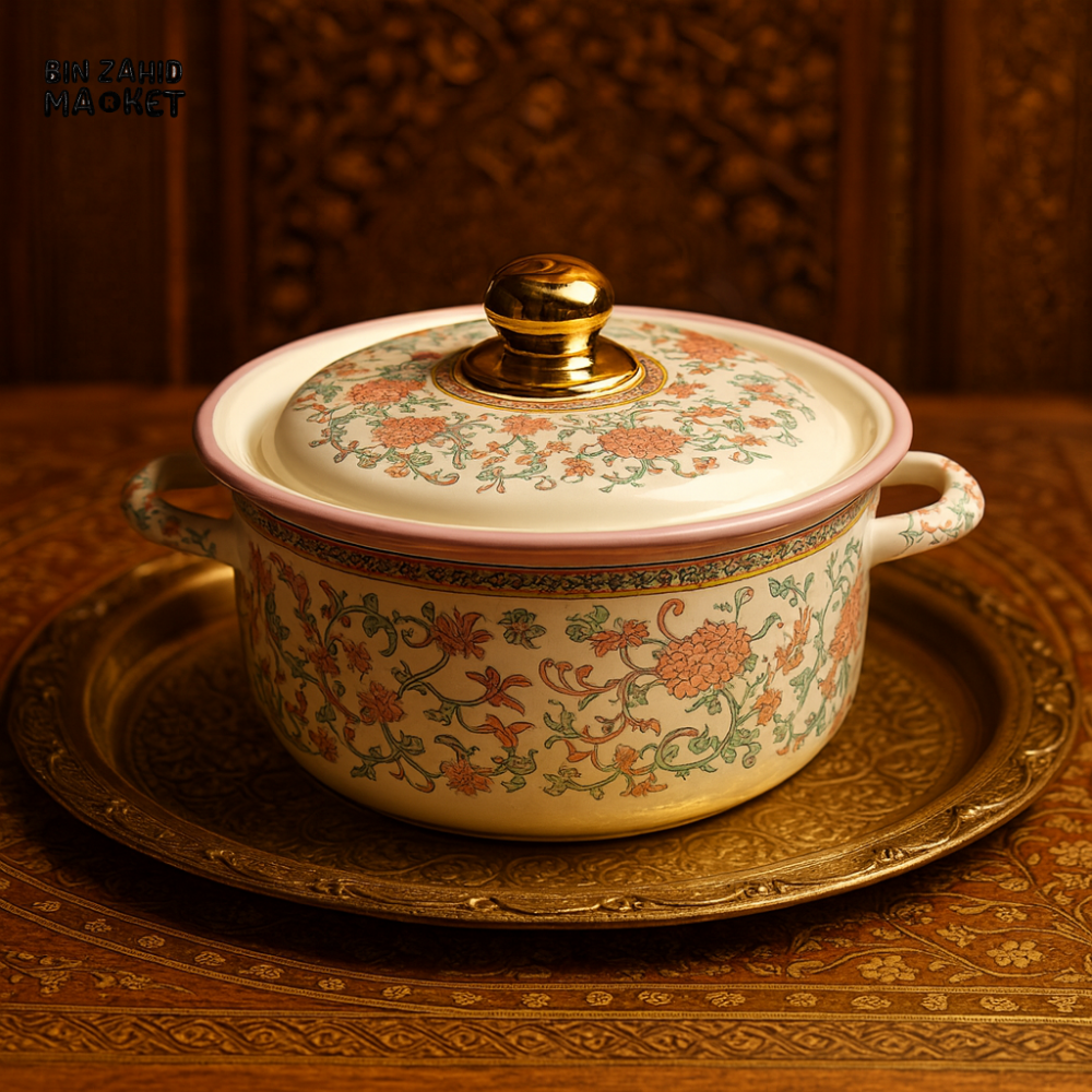 LUXURY MOROCCAN ENAMEL CASSEROLE – PINK FLORAL GOLD KNOB WITH LID - 28CM