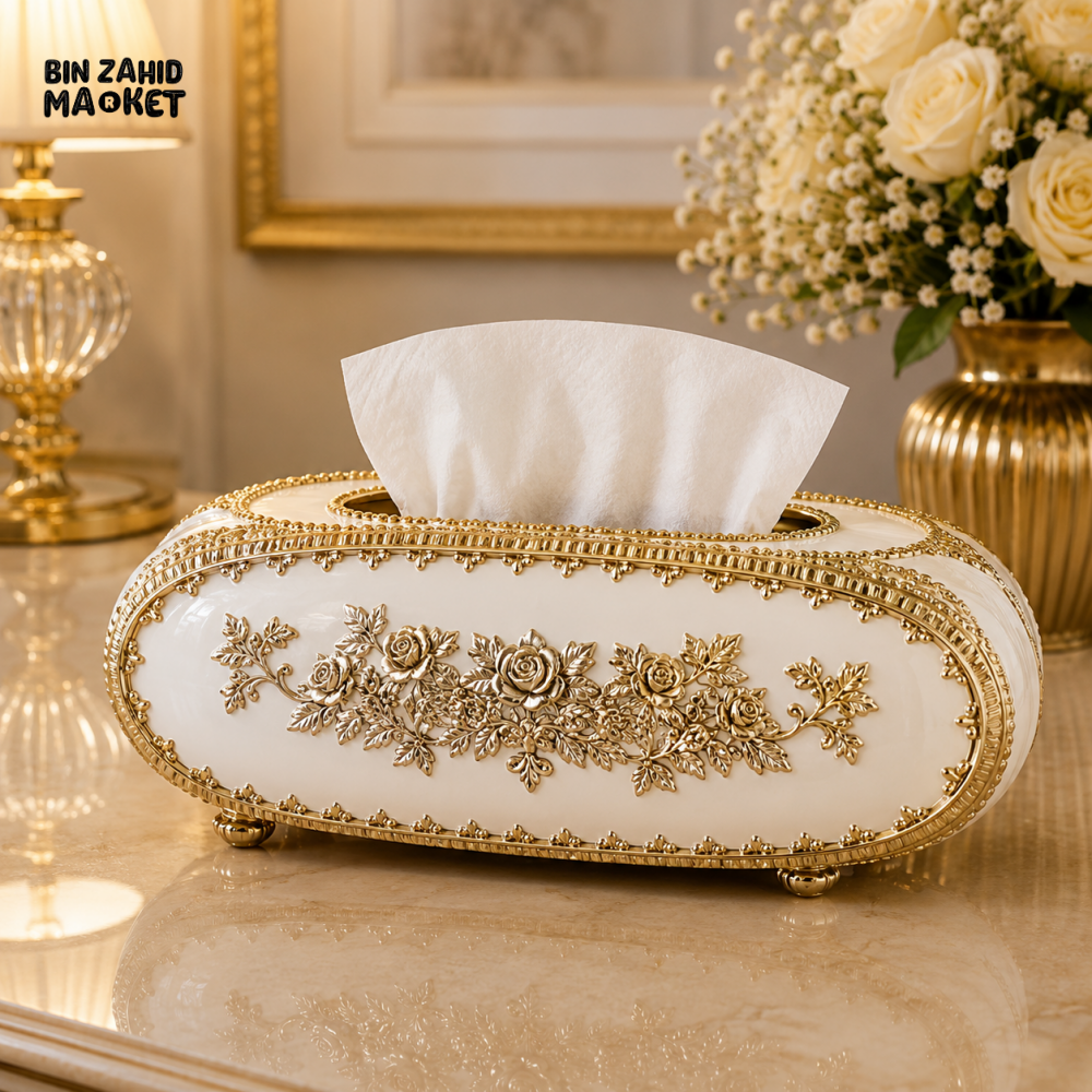 LUXURY OVAL TISSUE BOX HOLDER - WHITE & SILVER