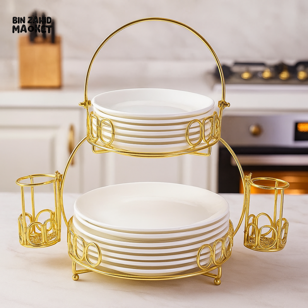 LUXURY PLATE STAND WITH FOLK SET HOLDER – GOLD METAL DOUBLE TIER RACK FOR DINNERWARE ORGANIZATION