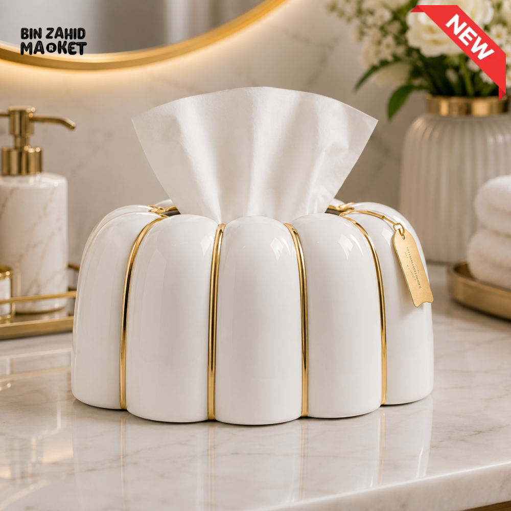 LUXURY PUMPKIN CERAMIC TISSUE BOX HOLDER – WHITE & GOLD