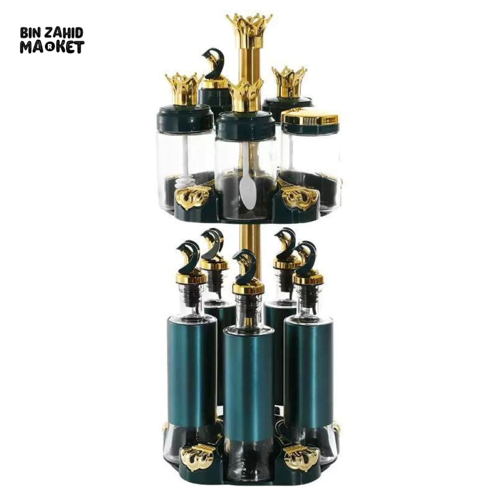 LUXURY ROTATING SPICE JAR SET WITH GOLDEN CROWN LIDS