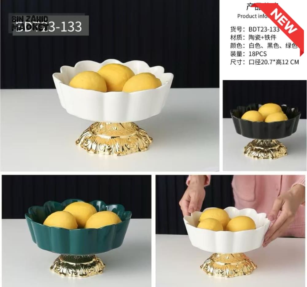 LUXURY SCALLOPED CERAMIC FRUIT BOWL WITH ORNATE GOLD BASE – 20.7CM