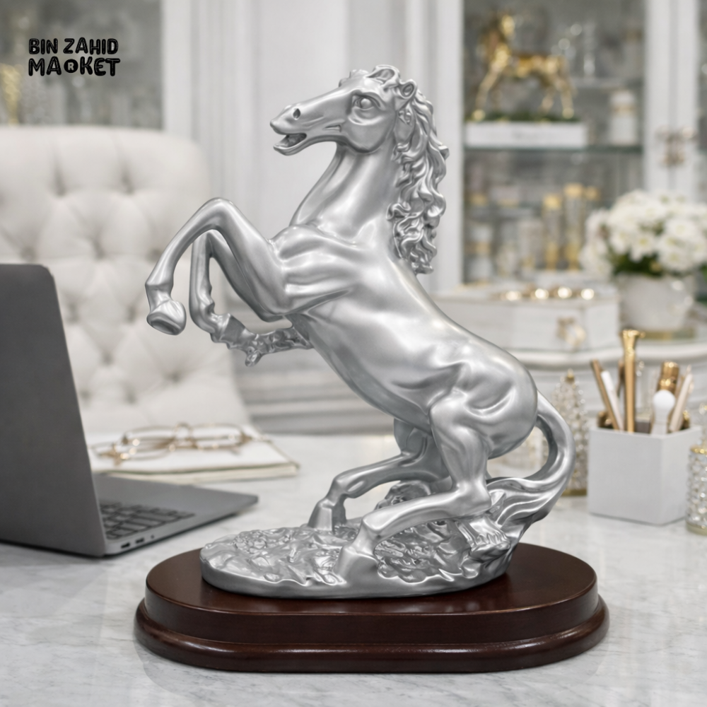 LUXURY SILVER REARING HORSE SCULPTURE WITH WOODEN BASE – ELEGANT OFFICE & HOME DECOR STATUE