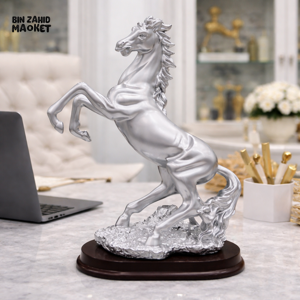 LUXURY SILVER REARING HORSE SCULPTURE WITH WOODEN BASE – PREMIUM OFFICE & HOME DECOR STATUE - 35CM X 30CM