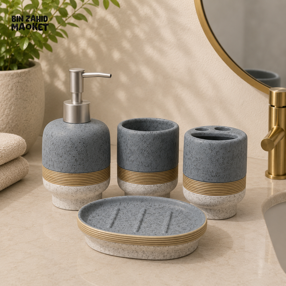 LUXURY SPECKLED CERAMIC 4-PIECE BATHROOM ACCESSORY SET - Gray