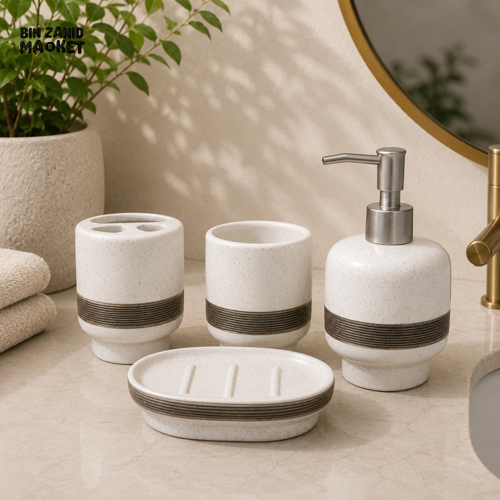 LUXURY SPECKLED CERAMIC 4-PIECE BATHROOM ACCESSORY SET - White