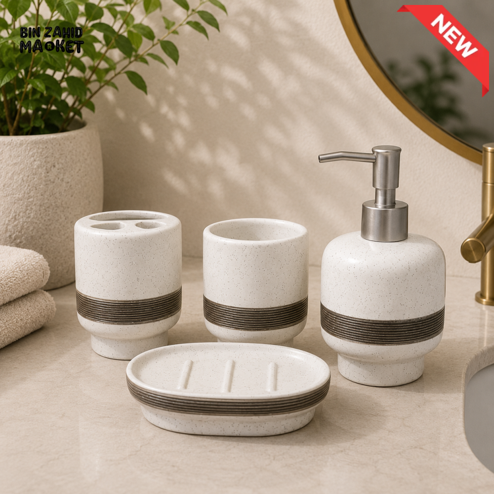 LUXURY SPECKLED CERAMIC 4-PIECE BATHROOM ACCESSORY SET - White