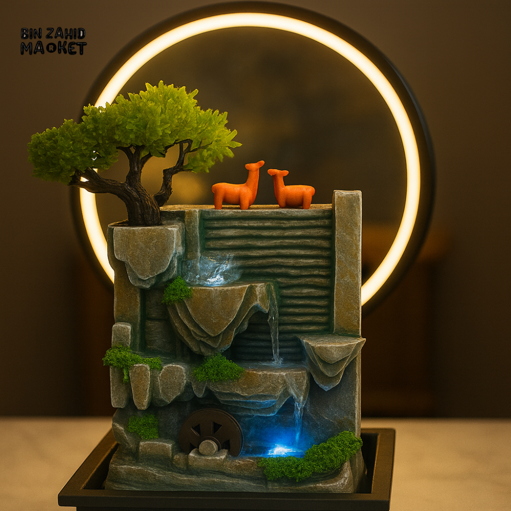 LUXURY TABLE FOUNTAIN – MINI WATERFALL WITH LED AND BONSAI TREE