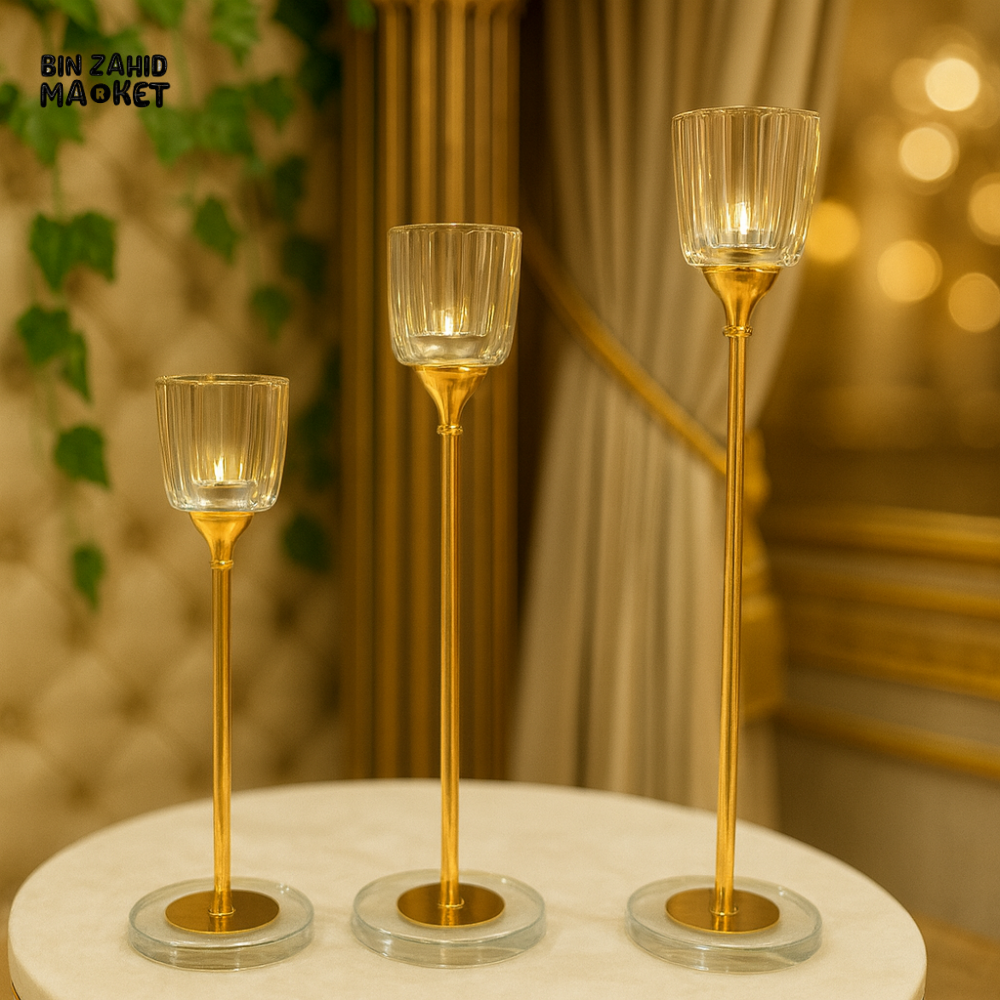 LUXURY TALL GOLD CANDLE HOLDER SET WITH GLASS CUPS – SET OF THREE
