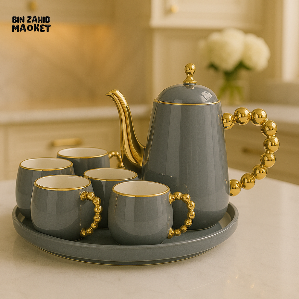 LUXURY TEA SET WITH GOLD ACCENTS 6 PIECE ELEGANT SERVING SET FOR VILLA KITCHEN DECOR - GRAY
