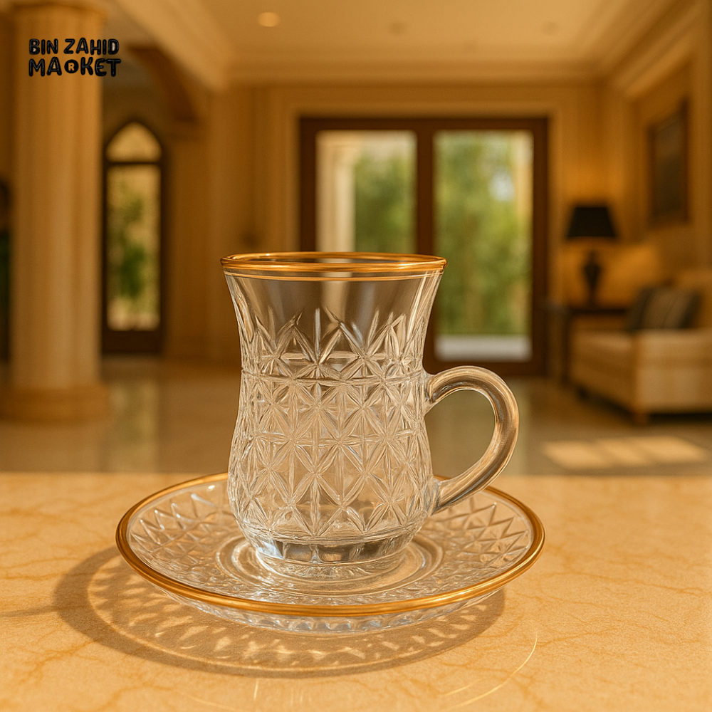 LUXURY TURKISH TEA GLASS CUP WITH SAUCER 6 PIECE 100ML – GOLD RIM DESIGN TCF419C/L12