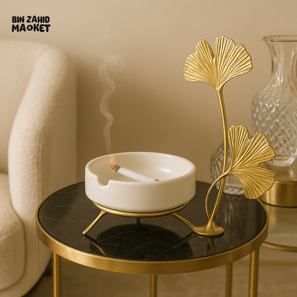 LUXURY VILLA SIDE TABLE DECOR – CERAMIC ASHTRAY WITH LIT CIGARETTE & GOLD GINKGO LEAF ORNAMENT