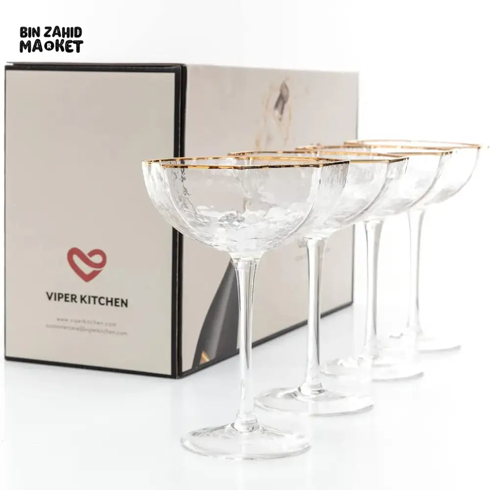 LUXURY VINTAGE CRYSTAL COUPE GLASSES – GOLD-RIMMED SET OF 6