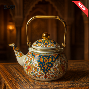 LUXURY WHITE ENAMEL TEAPOT – MOROCCAN PERSIAN PATTERN GOLD HANDLE - 2.5 LITRE