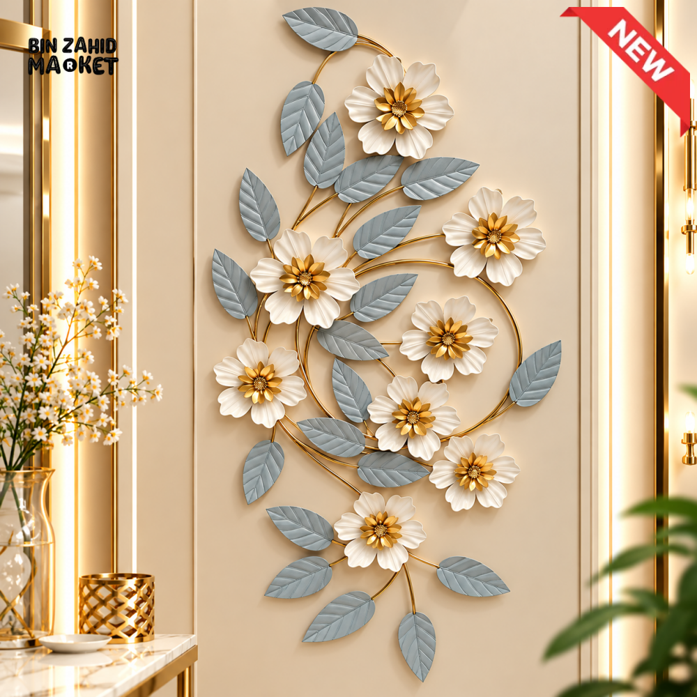 LUXURY WHITE FLORAL AND GREY LEAF METAL WALL ART - Wall Décor