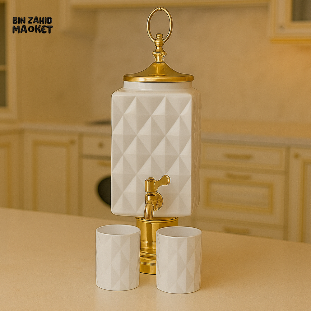LUXURY WHITE GEOMETRIC CERAMIC WATER DISPENSER WITH 6 CUPS – GOLDEN FAUCET & BASE | ELEGANT KITCHEN SERVER