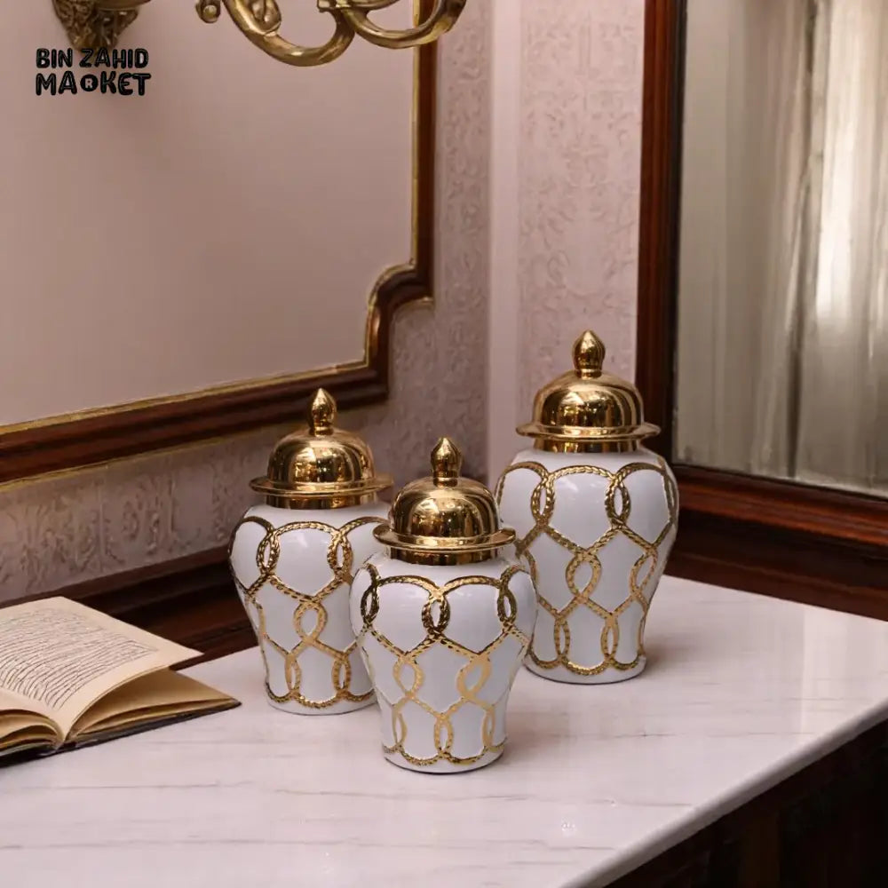 LUXURY WHITE & GOLD CERAMIC JAR – ROPE CHAIN DESIGN WITH SHINY GOLD LID