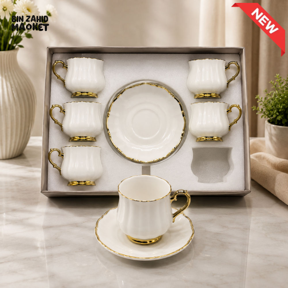 LUXURY WHITE PORCELAIN TEA CUP AND SAUCER SET WITH GOLD TRIM