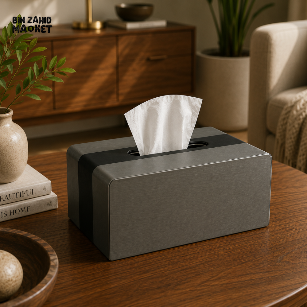 LUXURY WOOD & LEATHER TABLETOP TISSUE BOX HOLDER - GRAPHITE GREY