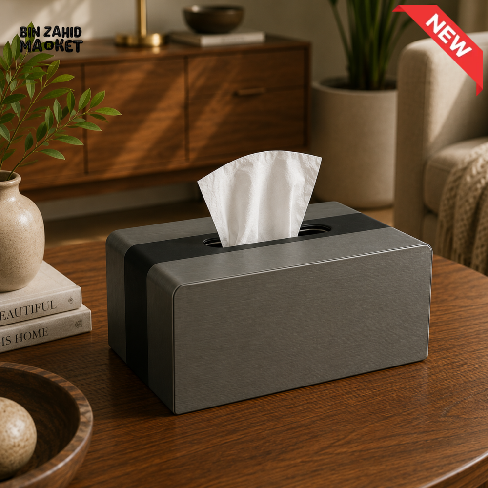 LUXURY WOOD & LEATHER TABLETOP TISSUE BOX HOLDER - GRAPHITE GREY