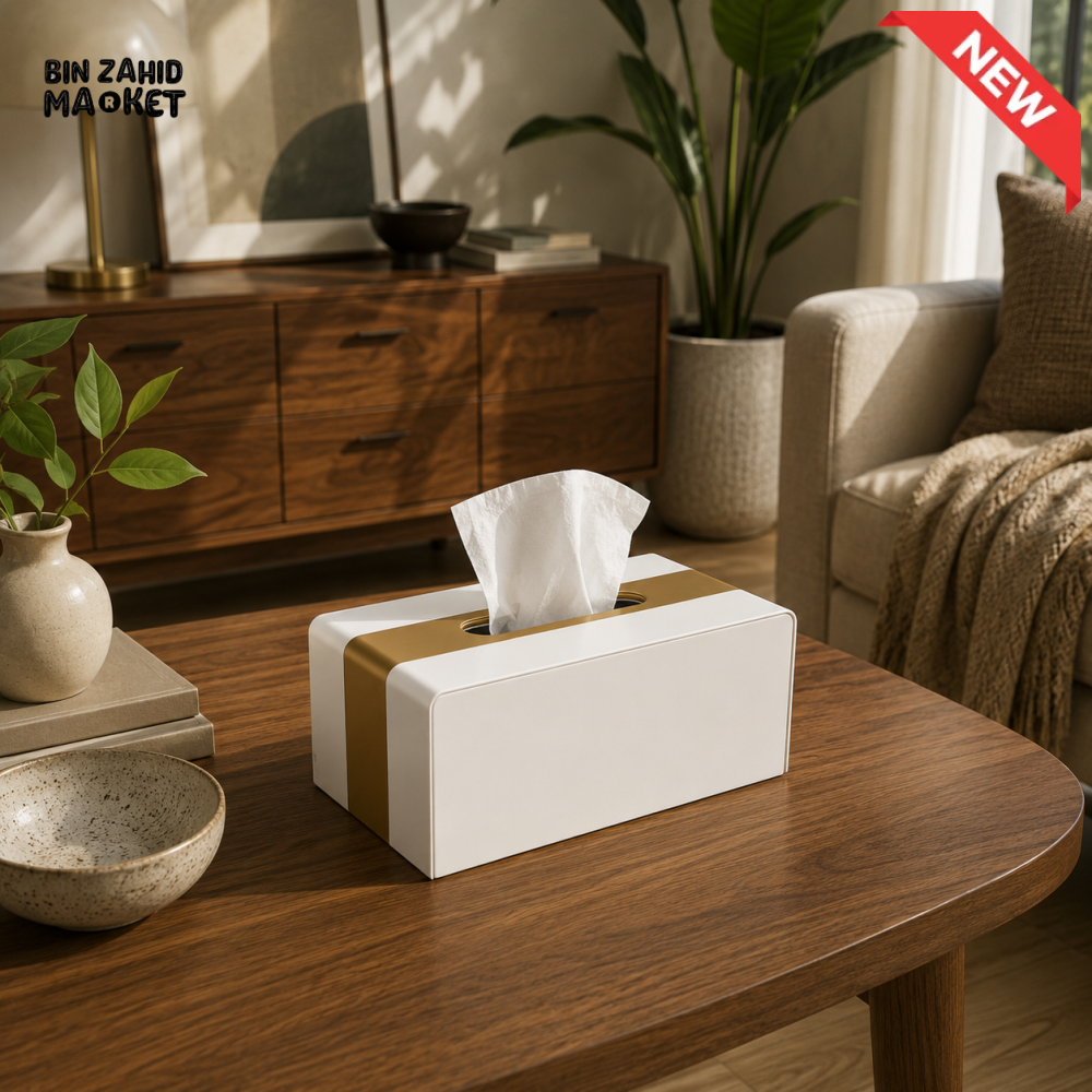 LUXURY WOOD & LEATHER TABLETOP TISSUE BOX HOLDER - IVORY WHITE