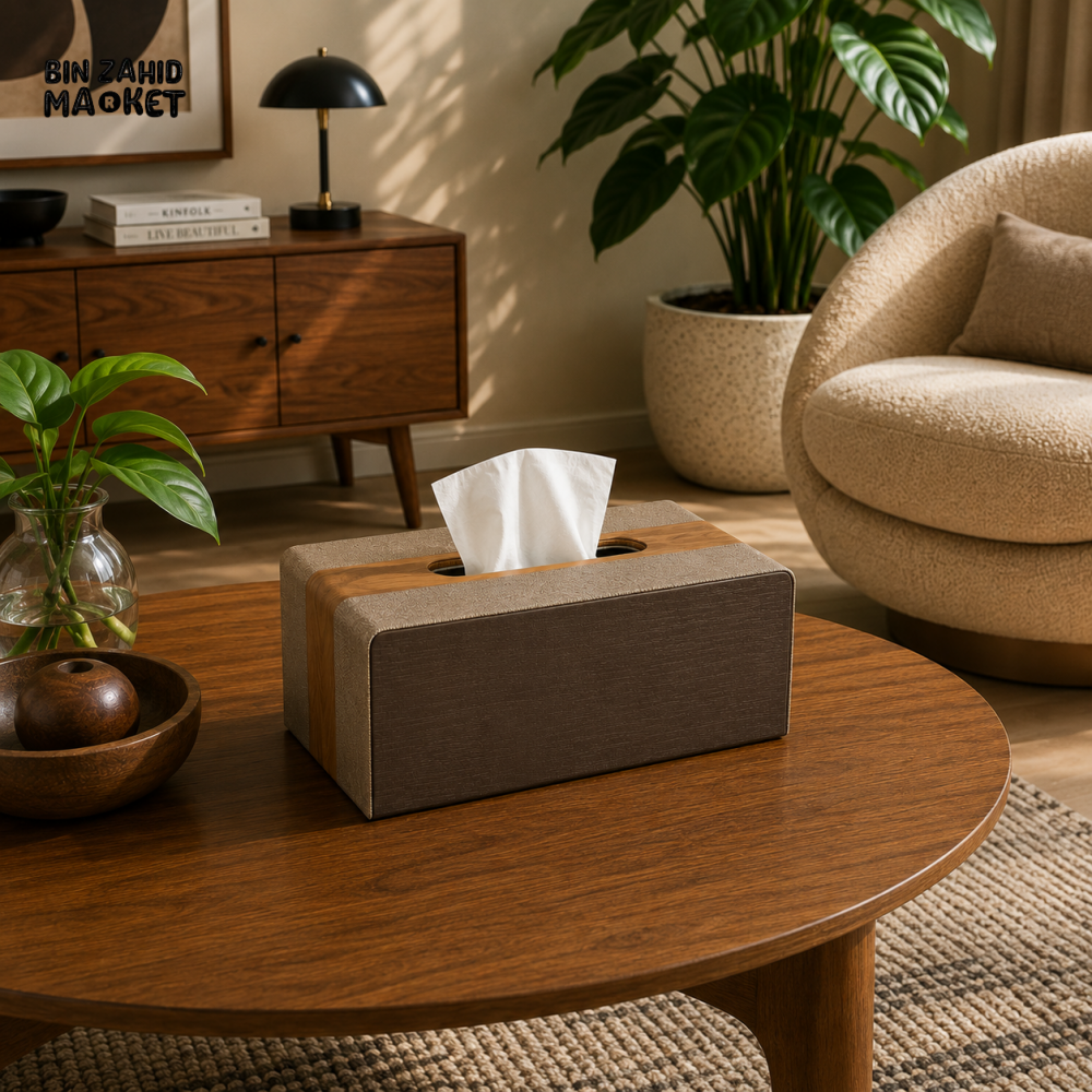 LUXURY WOOD & LEATHER TABLETOP TISSUE BOX HOLDER - WALNUT BROWN