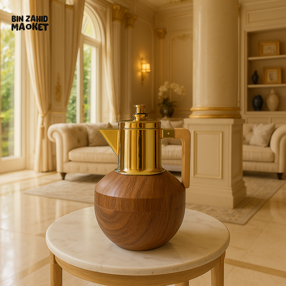 LUXURY WOODEN THERMOS FLASK – GOLD TOP INSULATED COFFEE & TEA CARAFE - 1LITRE LS-055 (TU-5)