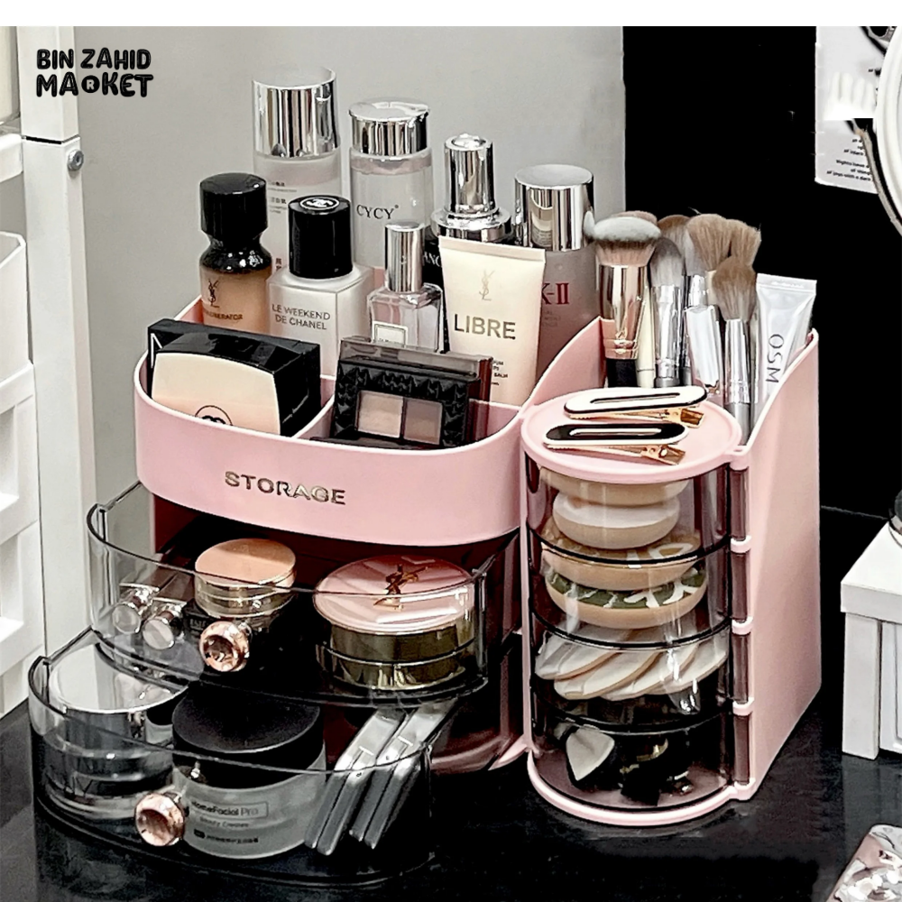 MAKEUP ORGANIZER WITH DRAWER & BRUSH HOLDER VANITY STORAGE FOR SPONGES LIPSTICKS & COSMETICS