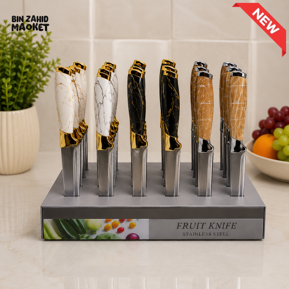 MARBLE AND WOOD DESIGN STAINLESS STEEL FRUIT KNIFE SET WITH DISPLAY STAND