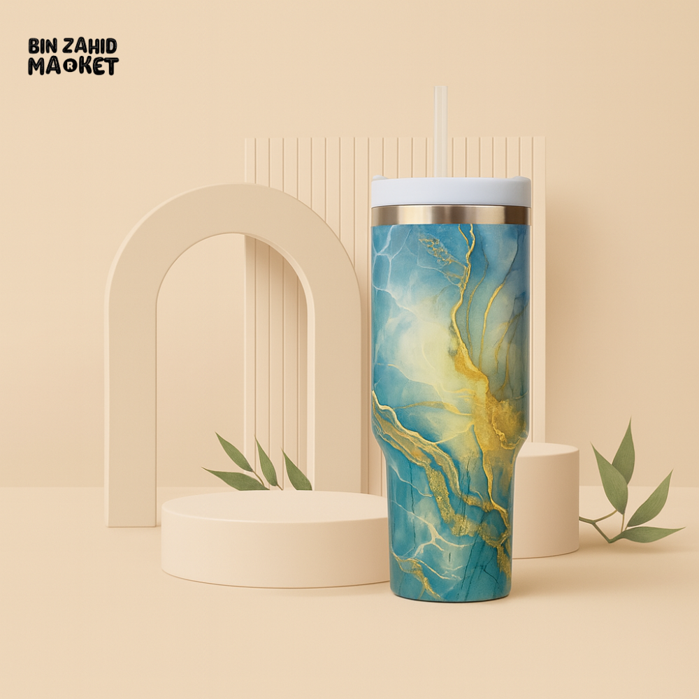 MARBLE TEXTURE TUMBLER 40 OZ– PREMIUM STAINLESS STEEL VACUUM INSULATED TRAVEL CUP WITH HANDLE FOR HOT & COLD DRINKS - WHITE