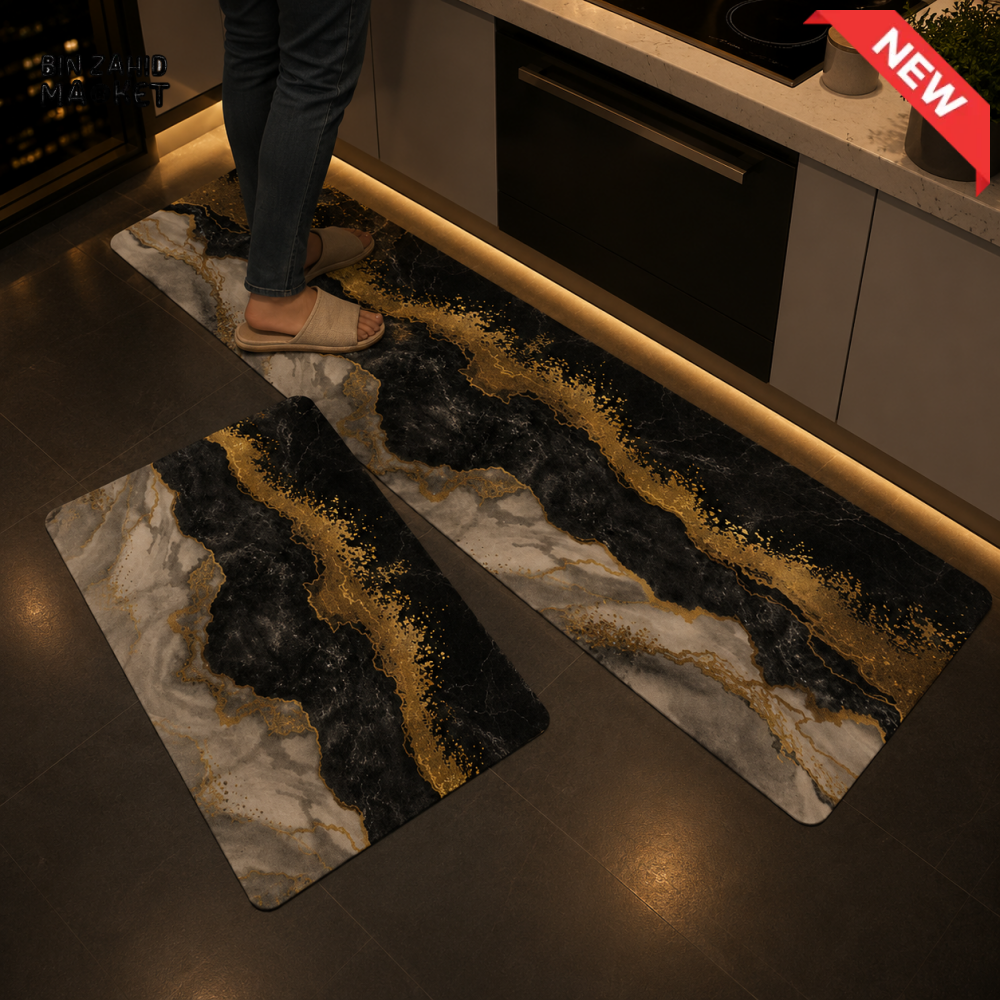 MATRUGS LUXURY MARBLE KITCHEN FLOOR MAT SET – BLACK & GOLD - MEDIUM - 4 Length / 1.25 Ft
